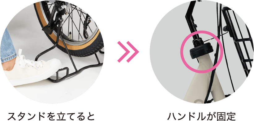 スタンドを立てるとハンドルが固定