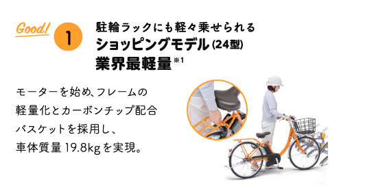 「Good!① 駐輪ラックにも軽々乗せられるショッピングモデル(24型)業界最軽量※ 1 モーターを始め、フレームの軽量化とカーボンチップ配合バスケットを採用し、車体質量19.8kg を実現。