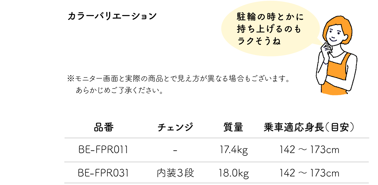「駐輪の時とかに持ち上げるのもラクそうね」※モニター画面と実際の商品とで見え方が異なる場合もございます。あらかじめご了承ください。品番:BE-FPR011 チェンジ:- 質量:17.4kg 乗車適応身長（目安）:142～173cm / 品番:BE-FPR031 チェンジ:内装３段 質量:18.0kg 乗車適応身長（目安）:142～173cm
