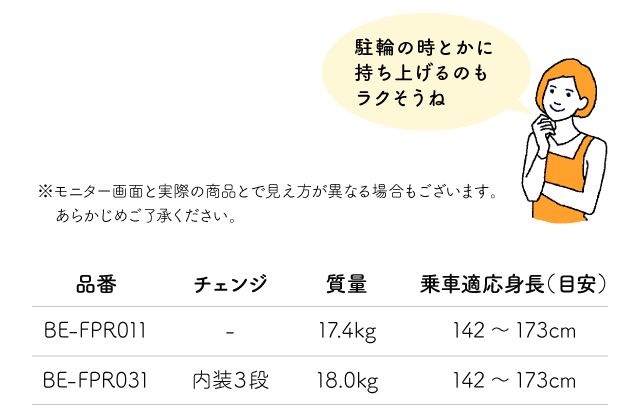 「駐輪の時とかに持ち上げるのもラクそうね」※モニター画面と実際の商品とで見え方が異なる場合もございます。あらかじめご了承ください。品番:BE-FPR011 チェンジ:- 質量:17.4kg 乗車適応身長（目安）:142～173cm / 品番:BE-FPR031 チェンジ:内装３段 質量:18.0kg 乗車適応身長（目安）:142～173cm