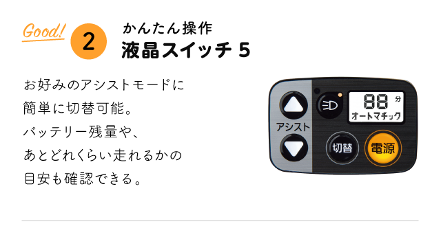 「Good!② かんたん操作 液晶スイッチ5」 お好みのアシストモードに簡単に切替可能。バッテリー残量や、あとどれくらい走れるかの目安も確認できる。