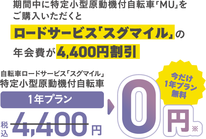期間中に特定小型原動機付自転車「MU」をご購入いただくとロードサービス「スグマイル」の年会費が4,400円割引 自転車ロードサービス「スグマイル」 特定小型原動機付自転車 1年プラン 税込 4,400円 0円 ※ 今だけ1年プラン無料