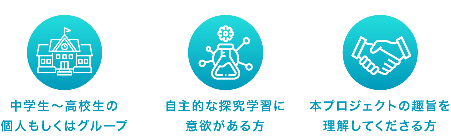 中学生～高校生の個人もしくはグループ、自主的な探究学習に意欲がある方、本プロジェクトの趣旨を理解してくださる方
