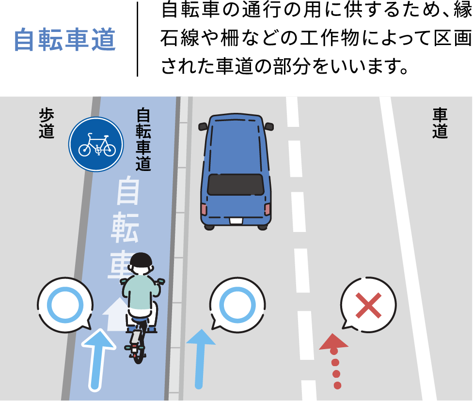 自転車道 自転車の通行の用に供するため、縁石線や柵などのエ作物によって区画された車道の部分をいいます。