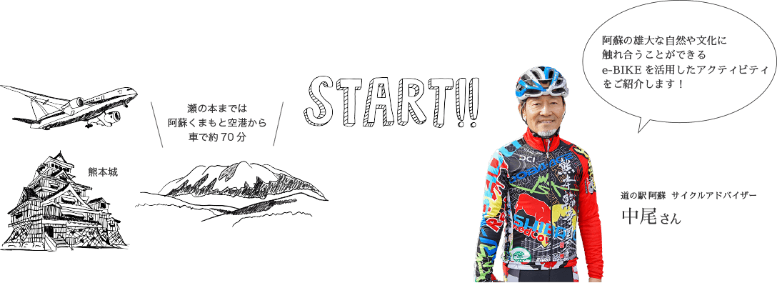START!! 道の駅 阿蘇  サイクルアドバイザー中尾さん 阿蘇の雄大な自然や文化に触れ合うことができるe-BIKEを活用したアクティビティをご紹介します！
