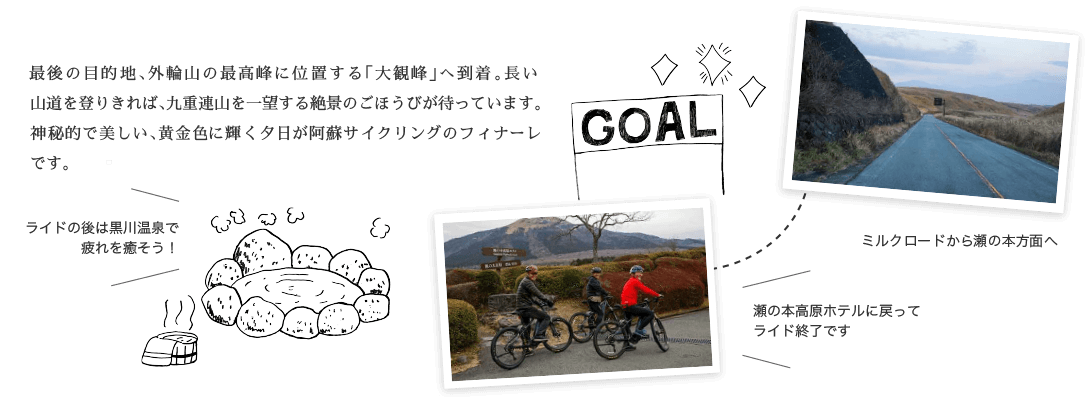 GOAL!! 最後の目的地、外輪山の最高峰に位置する「大観峰」へ到着。長い山道を登りきれば、九重連山を一望する絶景のごほうびが待っています。神秘的で美しい、黄金色に輝く夕日が阿蘇サイクリングのフィナーレです。