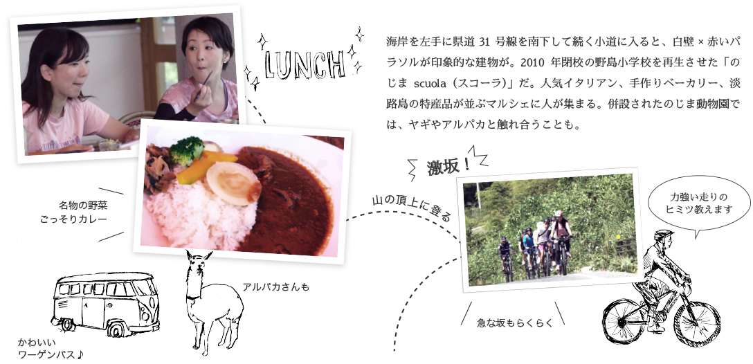 海岸を左手に県道31号線を南下して続く小道に入ると、白壁×赤いパラソルが印象的な建物が。2010年閉校の野島小学校を再生させた「のじまscuola（スコーラ）」だ。人気イタリアン、手作りベーカリー、淡路島の特産品が並ぶマルシェに人が集まる。併設されたのじま動物園では、ヤギやアルパカと触れ合うことも。