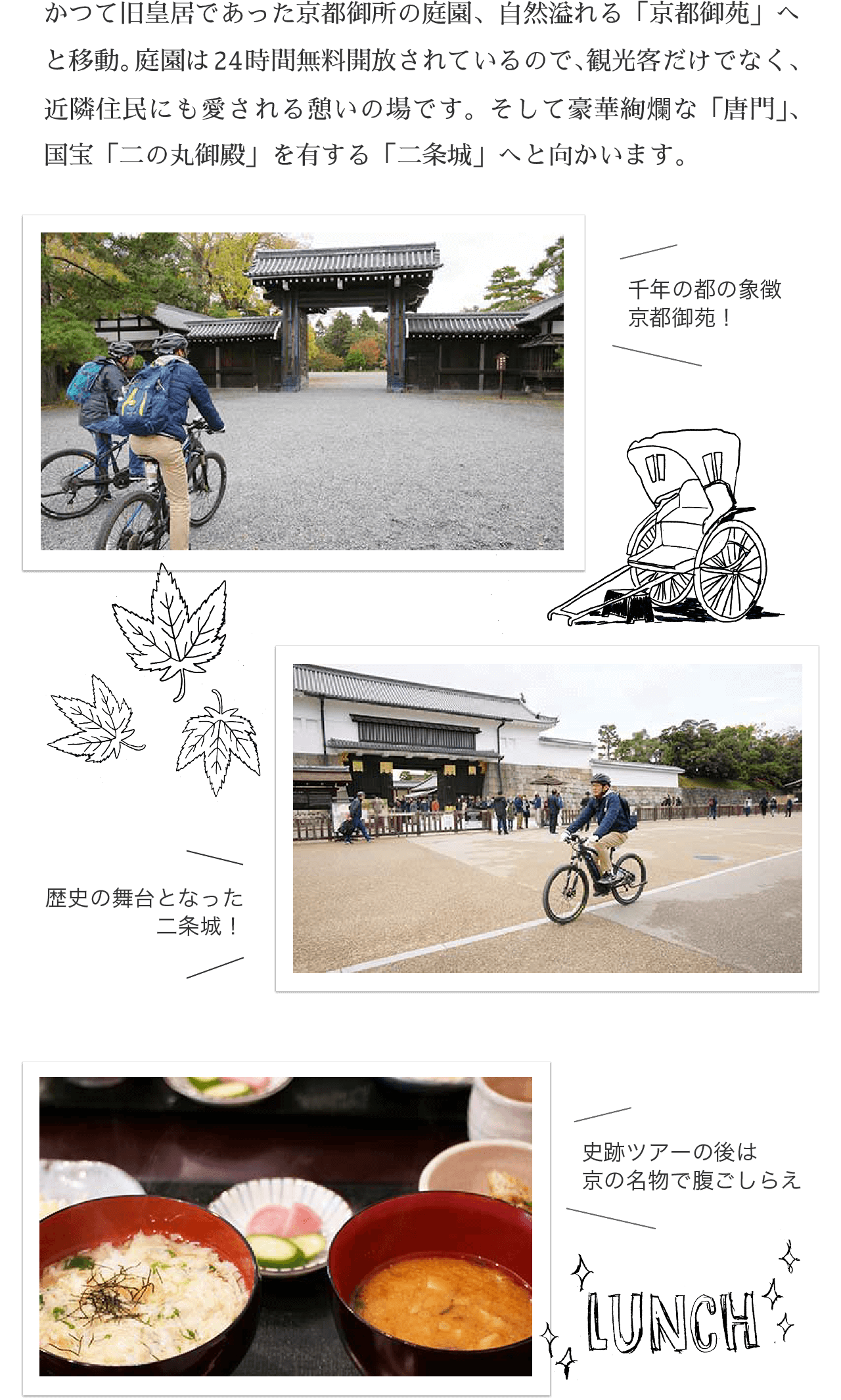 かつて旧皇居であった京都御所の庭園、自然溢れる「京都御苑」へと移動。庭園は24時間無料開放されているので、観光客だけでなく、近隣住民にも愛される憩いの場です。そして豪華絢爛な「唐門」、国宝「二の丸御殿」を有する「二条城」へと向かいます。