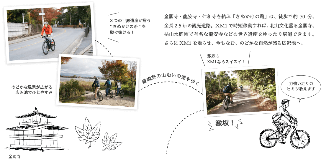 金閣寺・龍安寺・仁和寺を結ぶ「きぬかけの路」は、徒歩で約30分、全長2.5㎞の観光道路。XM1で時短移動すれば、北山文化薫る金閣寺、枯山水庭園で有名な龍安寺などの世界遺産をゆったり堪能できます。さらにXM1を走らせ、今もなお、のどかな自然が残る広沢池へ。