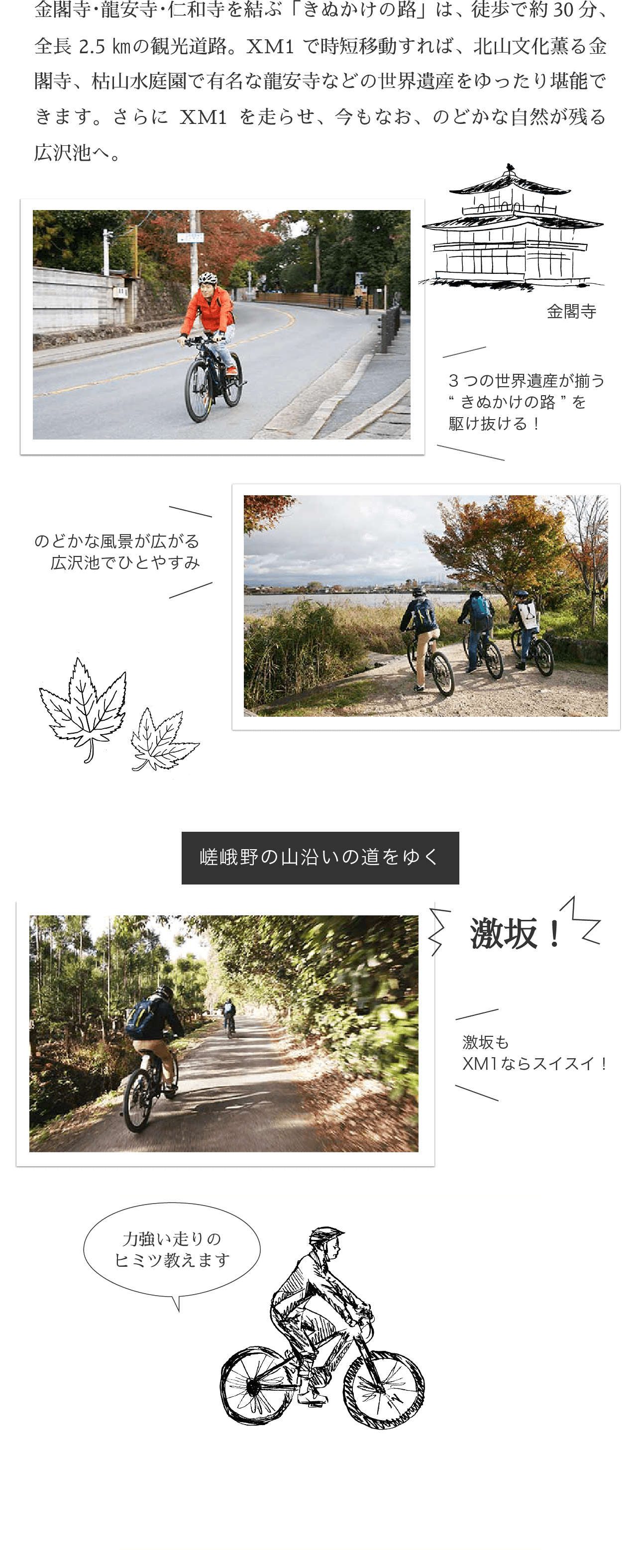 金閣寺・龍安寺・仁和寺を結ぶ「きぬかけの路」は、徒歩で約30分、全長2.5㎞の観光道路。XM1で時短移動すれば、北山文化薫る金閣寺、枯山水庭園で有名な龍安寺などの世界遺産をゆったり堪能できます。さらにXM1を走らせ、今もなお、のどかな自然が残る広沢池へ。
