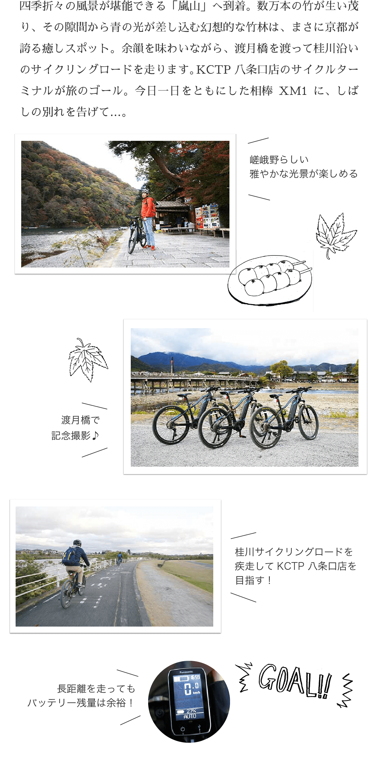 GOAL!! 四季折々の風景が堪能できる「嵐山」へ到着。数万本の竹が生い茂り、その隙間から青の光が差し込む幻想的な竹林は、まさに京都が誇る癒しスポット。余韻を味わいながら、渡月橋を渡って桂川沿いのサイクリングロードを走ります。KCTP 八条口店のサイクルターミナルが旅のゴール。今日一日をともにした相棒XM1に、しばしの別れを告げて…。